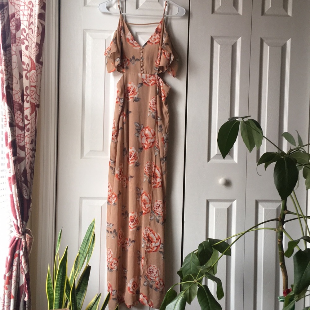 Peachy Nude Rose Floral Print Maxi
